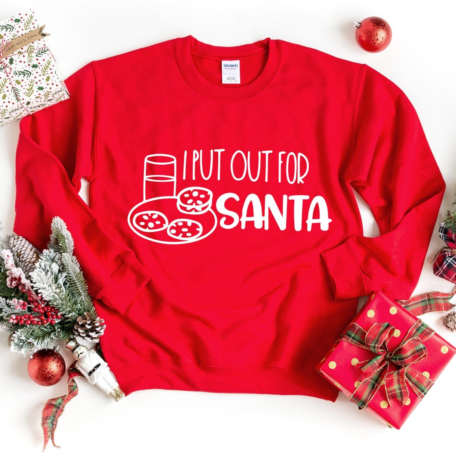 A cozy Santa sweatshirt featuring the playful slogan 'I Put Out for Santa', perfect for holiday gatherings.